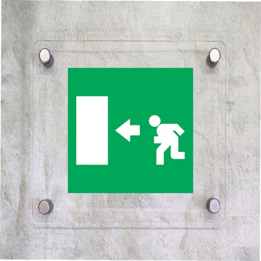 Global Targa Cartello in plexiglass Quadrato - USCITA DI EMERGENZA A SINISTRA - Con Distanziali in acciaio inox, Stampa UV