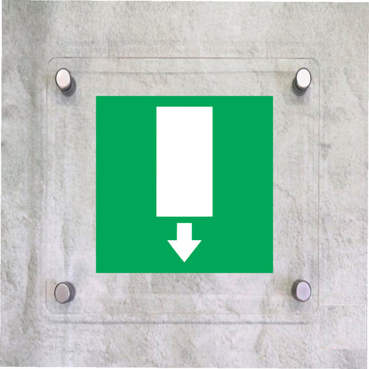 Global Targa Cartello in plexiglass Quadrato - USCITA DI EMERGENZA VERSO IL BASSO - Con Distanziali in acciaio inox, Stampa UV