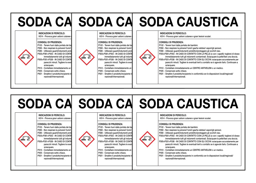 KIT DI 6 ADESIVI RETTANGOLARI - SODA CAUSTICA RISCHI E CONSIGLI DI PRUDENZA - Pittogramma ISO 7010 Con Stampa Diretta U.V. (IDEALE ANCHE PER ESTERNO)