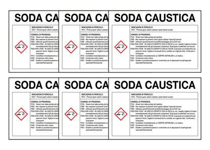KIT DI 6 ADESIVI RETTANGOLARI - SODA CAUSTICA RISCHI E CONSIGLI DI PRUDENZA - Pittogramma ISO 7010 Con Stampa Diretta U.V. (IDEALE ANCHE PER ESTERNO)
