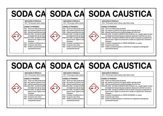 KIT DI 6 ADESIVI RETTANGOLARI - SODA CAUSTICA RISCHI E CONSIGLI DI PRUDENZA - Pittogramma ISO 7010 Con Stampa Diretta U.V. (IDEALE ANCHE PER ESTERNO)