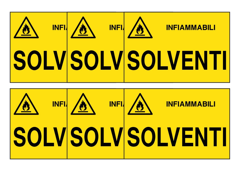 KIT DI 6 ADESIVI RETTANGOLARI - SOLVENTI - Pittogramma ISO 7010 Con Stampa Diretta U.V. (IDEALE ANCHE PER ESTERNO)