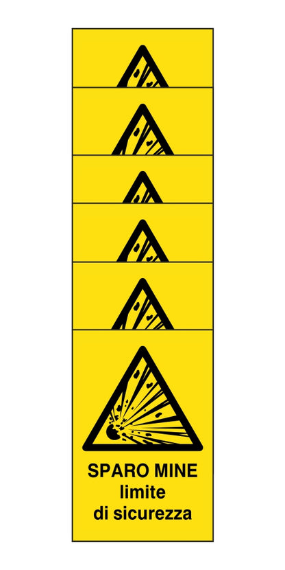 KIT DI 6 ADESIVI RETTANGOLARI - SPARO MINE LIMITE DI SICUREZZA - Pittogramma ISO 7010 Con Stampa Diretta U.V. (IDEALE ANCHE PER ESTERNO)