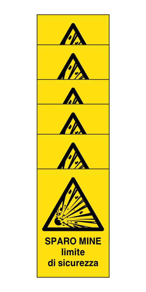 KIT DI 6 ADESIVI RETTANGOLARI - SPARO MINE LIMITE DI SICUREZZA - Pittogramma ISO 7010 Con Stampa Diretta U.V. (IDEALE ANCHE PER ESTERNO)