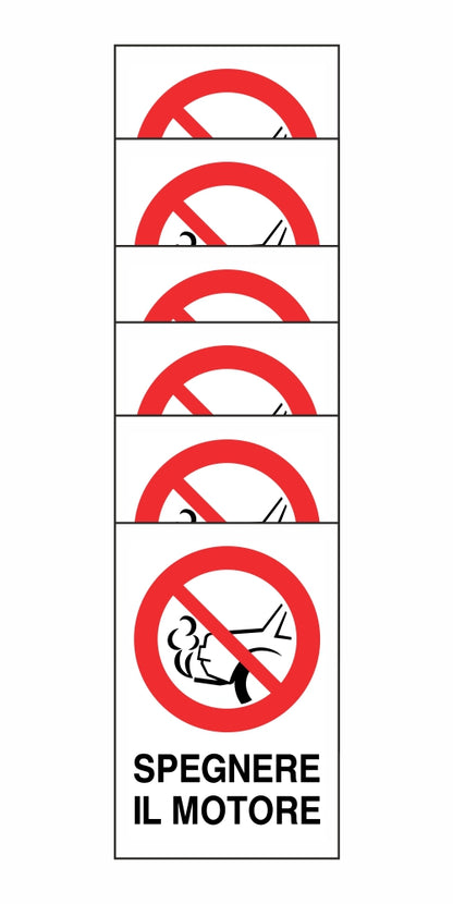 KIT DI 6 ADESIVI RETTANGOLARI - SPEGNERE IL MOTORE - Pittogramma ISO 7010 Con Stampa Diretta U.V. (IDEALE ANCHE PER ESTERNO)