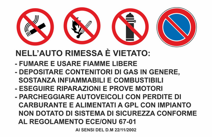 GLOBAL CARTELLO SEGNALETICO - nell'auto rimessa è vietato fumare e usare fiamme libere depositare contenitori di gas in genere - Adesivo Extra Resistente, Pannello in Forex, Pannello In Alluminio