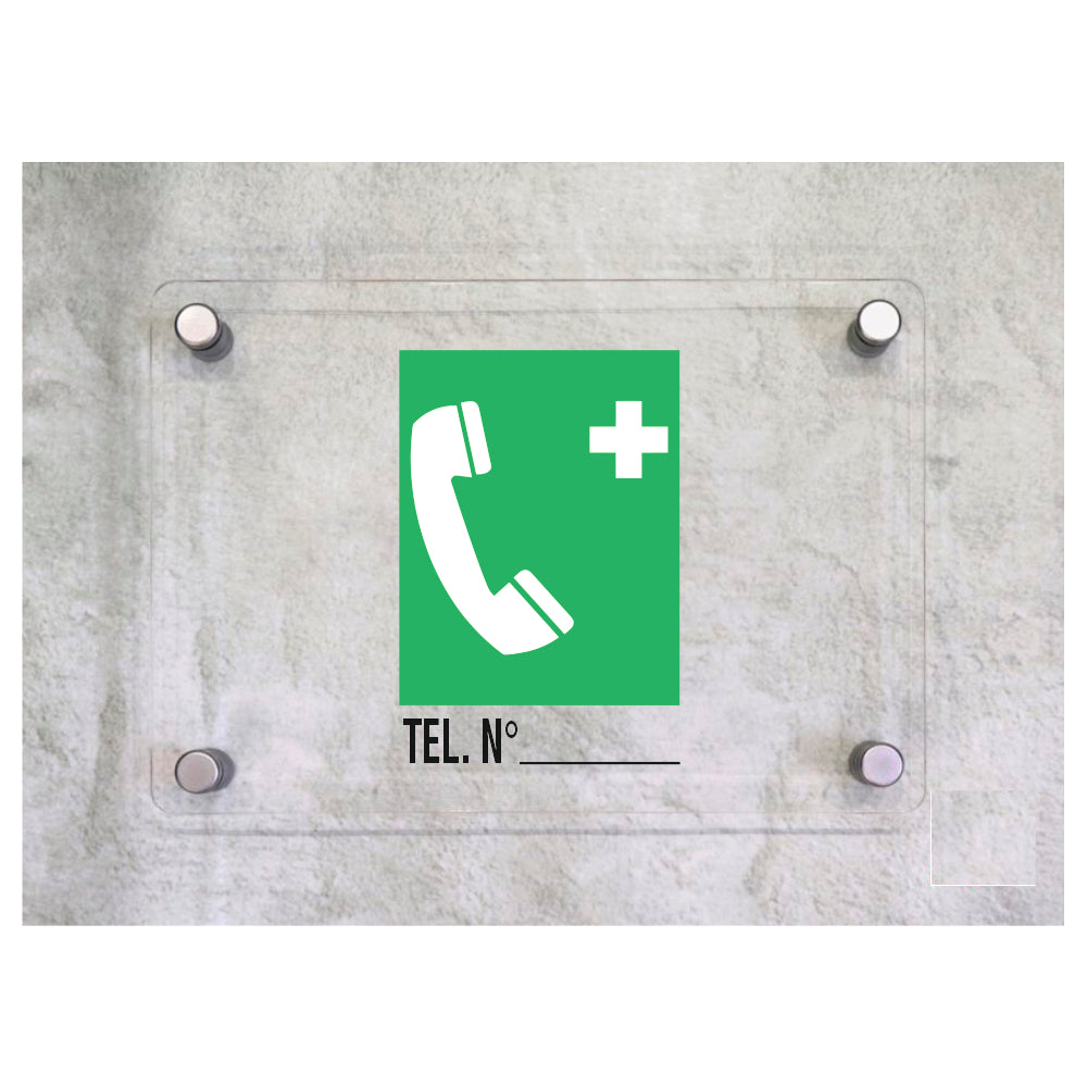 Global Targa Cartello in plexiglass - TELEFONO DI EMERGENZA - Con Distanziali in acciaio inox, Stampa UV.