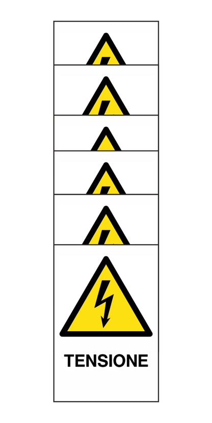 KIT DI 6 ADESIVI RETTANGOLARI - TENSIONE - Pittogramma ISO 7010 Con Stampa Diretta U.V. (IDEALE ANCHE PER ESTERNO)