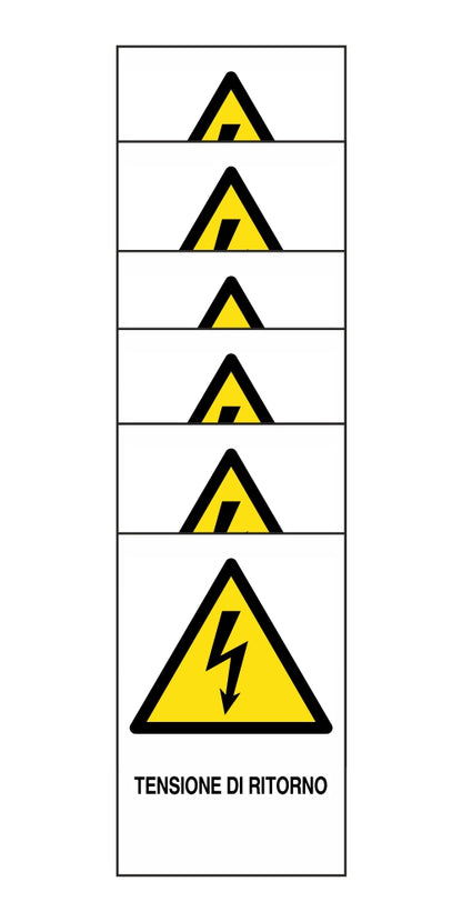 KIT DI 6 ADESIVI RETTANGOLARI - TENSIONE DI RITORNO - Pittogramma ISO 7010 Con Stampa Diretta U.V. (IDEALE ANCHE PER ESTERNO)