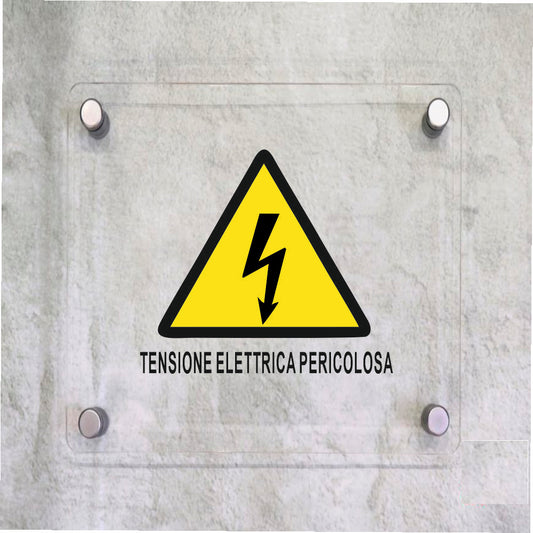 Global Targa Cartello in plexiglass Quadrato - TENSIONE ELETTRICA PERICOLOSA - Con Distanziali in acciaio inox, Stampa UV