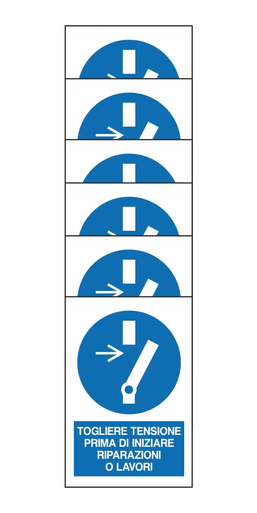 KIT DI 6 ADESIVI RETTANGOLARI - TOGLIERE TENSIONE PRIMA DI INIZIARE RIPARAZIONI - Pittogramma ISO 7010 Con Stampa Diretta U.V. (IDEALE ANCHE PER ESTERNO)