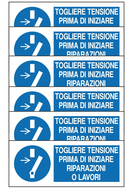 GLOBAL KIT DI 6 ADESIVI UNI - TOGLIERE TENSIONE PRIMA DI INZIARE RIPARAZIONI - Pittogramma ISO 7010 Con Stampa Diretta U.V. (IDEALE ANCHE PER ESTERNO)