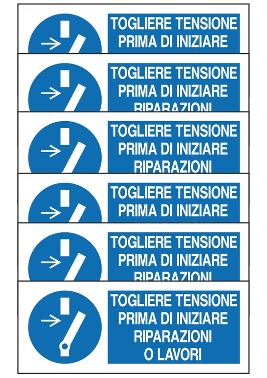 GLOBAL KIT DI 6 ADESIVI UNI - TOGLIERE TENSIONE PRIMA DI INZIARE RIPARAZIONI - Pittogramma ISO 7010 Con Stampa Diretta U.V. (IDEALE ANCHE PER ESTERNO)