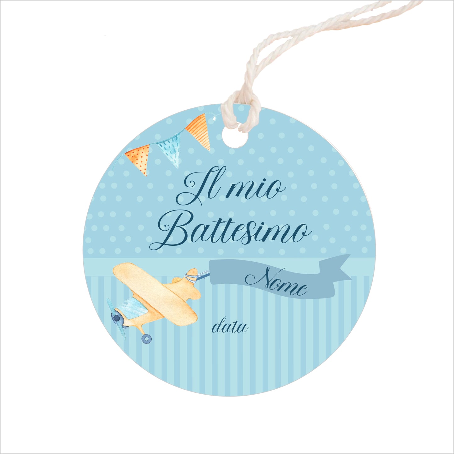 GLOBAL Bigliettini Bomboniera per Battesimo Personalizzato - AEROPLANO - Bigliettini Bomboniera con piega, Bigliettini Bomboniera tondo, Personalizzati con Nome e Data, MADE IN ITALY