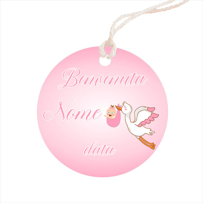 GLOBAL Bigliettini Bomboniera per Nascita Personalizzato - CICOGNA BIMBA - Bigliettini Bomboniera con piega, Bigliettini Bomboniera tondo, Personalizzati con Nome e Data, MADE IN ITALY