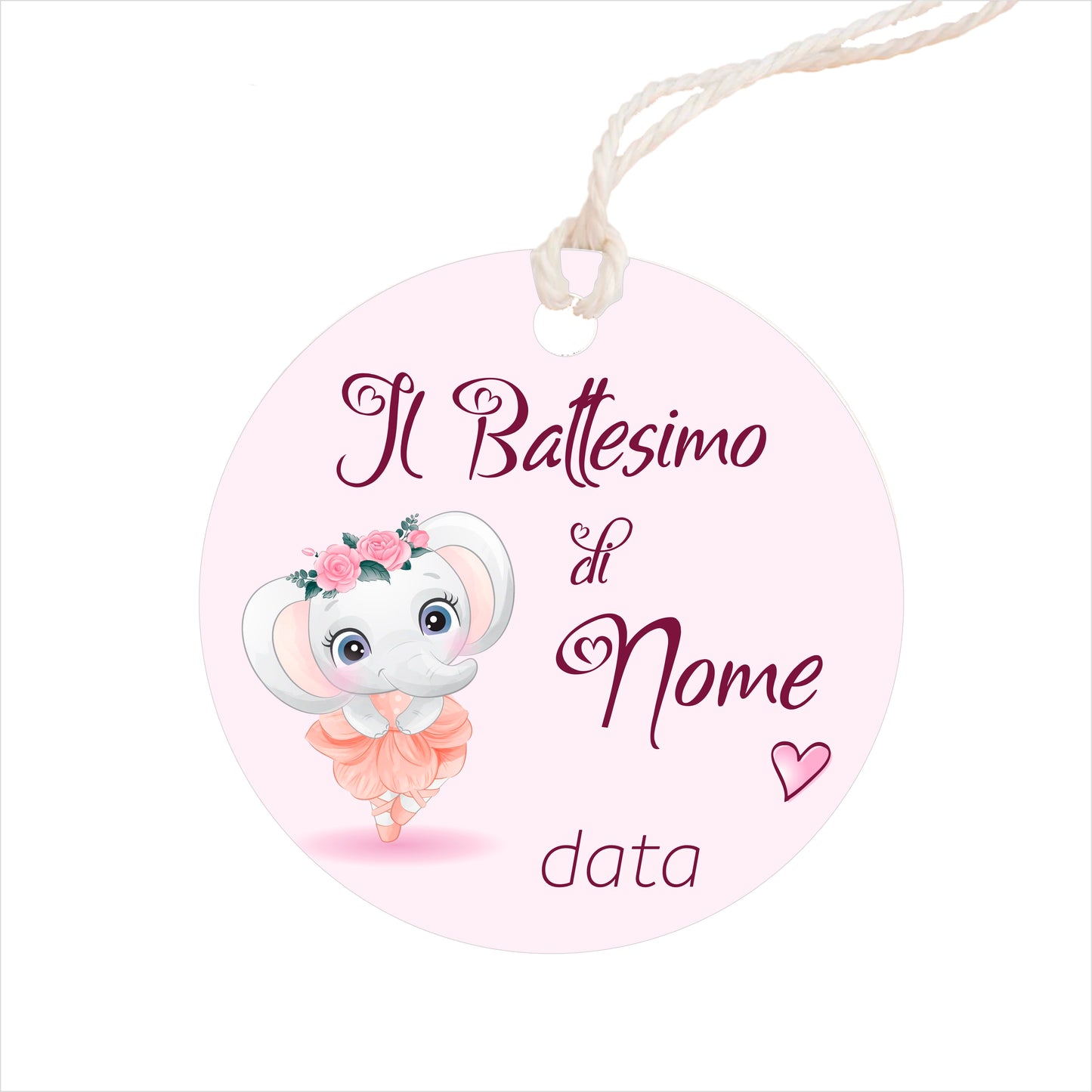 GLOBAL Bigliettini Bomboniera per Battesimo Personalizzato - ELEFANTE BALLERINA - Bigliettini Bomboniera con piega, Bigliettini Bomboniera tondo, Personalizzati con Nome e Data, MADE IN ITALY