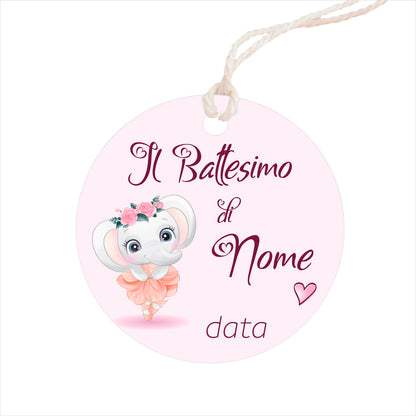 GLOBAL Bigliettini Bomboniera per Battesimo Personalizzato - ELEFANTE BALLERINA - Bigliettini Bomboniera con piega, Bigliettini Bomboniera tondo, Personalizzati con Nome e Data, MADE IN ITALY