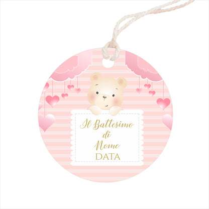 GLOBAL Bigliettini Bomboniera per Battesimo Personalizzato - ORSETTO BIMBA MOD. 3 - Bigliettini Bomboniera con piega, Bigliettini Bomboniera tondo, Personalizzati con Nome e Data, MADE IN ITALY