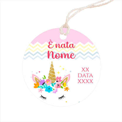 GLOBAL Bigliettini Bomboniera per Nascita Personalizzato - UNICORNO - Bigliettini Bomboniera con piega, Bigliettini Bomboniera tondo, Personalizzati con Nome e Data, MADE IN ITALY