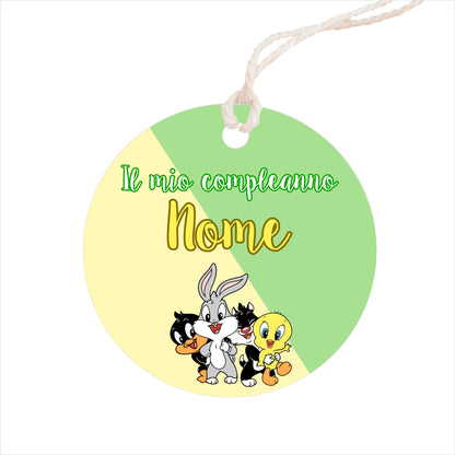 GLOBAL Bigliettini Bomboniera per Compleanno Personalizzato - BABY LOONEY TUNES - Bigliettini Bomboniera con piega, Bigliettini Bomboniera tondo, Personalizzati con Nome e Data, MADE IN ITALY