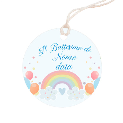GLOBAL Bigliettini Bomboniera per Battesimo Personalizzato - ARCOBALENO - Bigliettini Bomboniera con piega, Bigliettini Bomboniera tondo, Personalizzati con Nome e Data, MADE IN ITALY