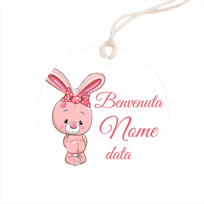 GLOBAL Bigliettini Bomboniera per Nascita Personalizzato - CONIGLIETTO BIMBA - Bigliettini Bomboniera con piega, Bigliettini Bomboniera tondo, Personalizzati con Nome e Data, MADE IN ITALY