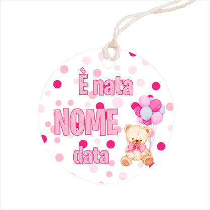 GLOBAL Bigliettini Bomboniera per Nascita Personalizzato - ORSETTO PALLONCINI BIMBA - Bigliettini Bomboniera con piega, Bigliettini Bomboniera tondo, Personalizzati con Nome e Data, MADE IN ITALY