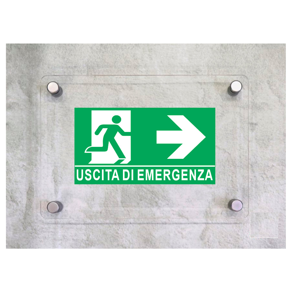 Global Targa Cartello in plexiglass - USCITA DI EMERGENZA A DESTRA - Con Distanziali in acciaio inox, Stampa UV.