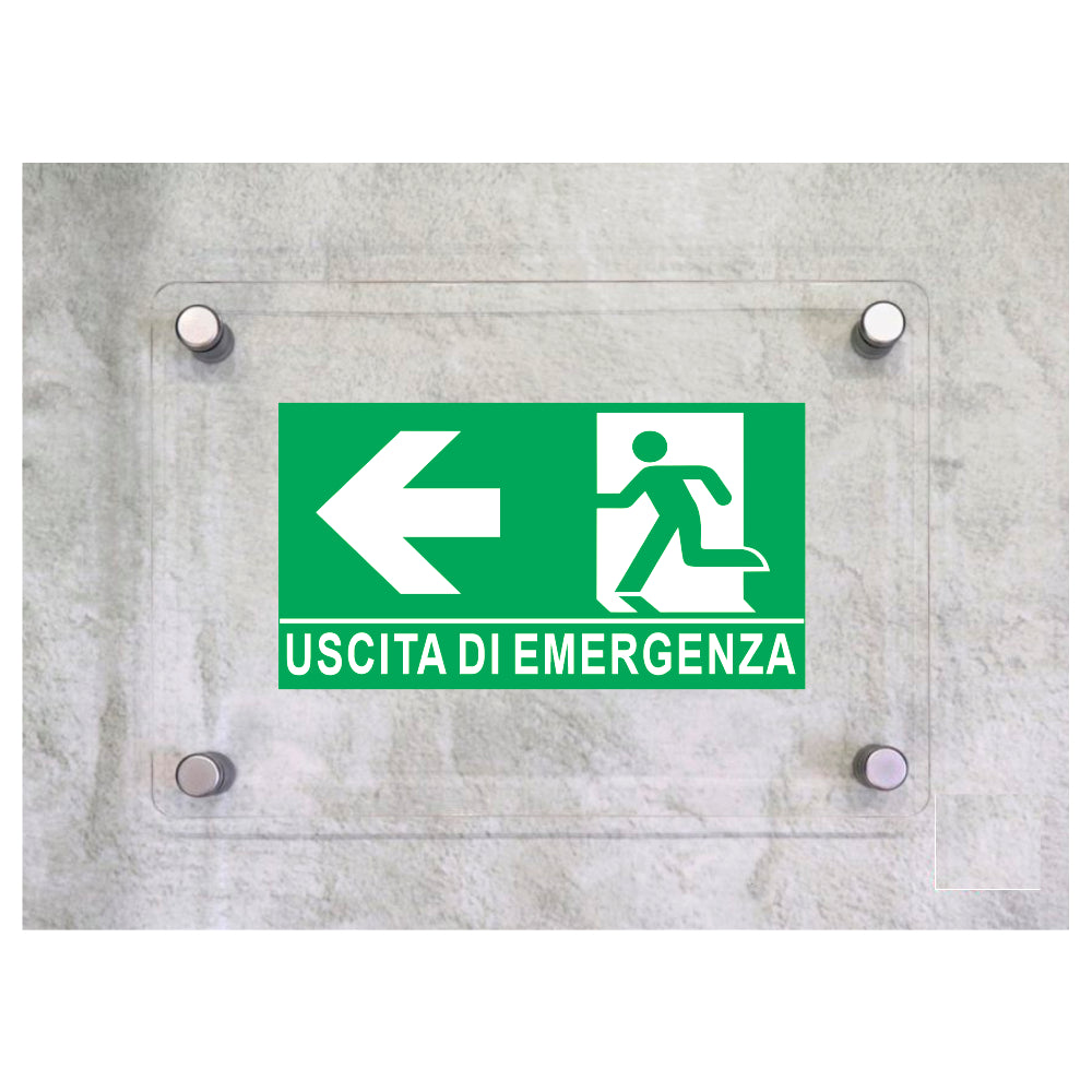Global Targa Cartello in plexiglass - USCITA DI EMERGENZA A SINISTRA - Con Distanziali in acciaio inox, Stampa UV.