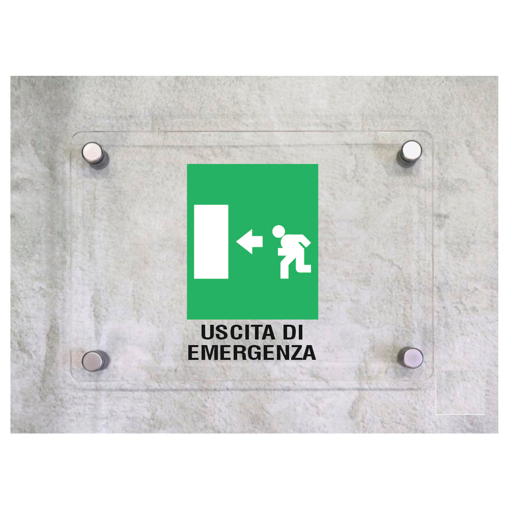 Global Targa Cartello in plexiglass - USCITA DI EMERGENZA A SINISTRA VERTICALE - Con Distanziali in acciaio inox, Stampa UV.