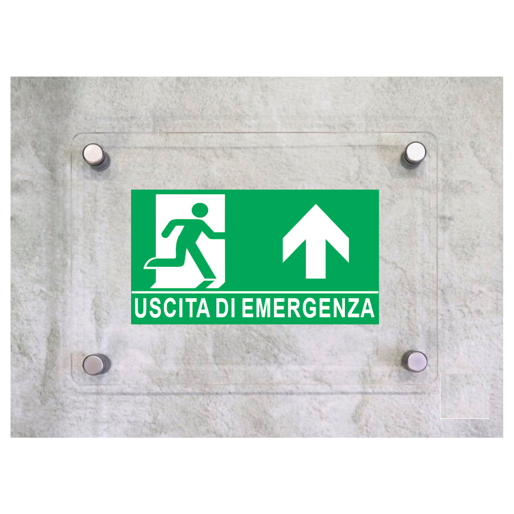 Global Targa Cartello in plexiglass - USCITA DI EMERGENZA AVANTI  - Con Distanziali in acciaio inox, Stampa UV.