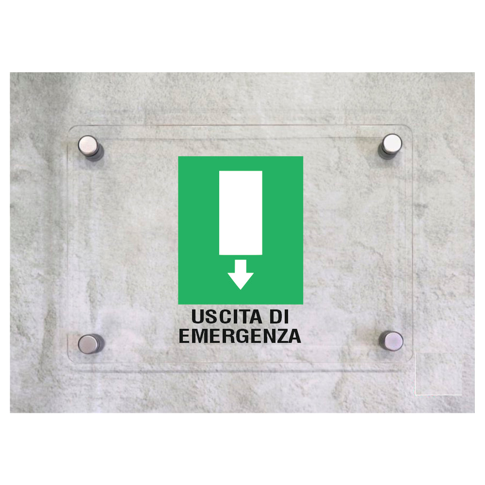 Global Targa Cartello in plexiglass - USCITA DI EMERGENZA - Con Distanziali in acciaio inox, Stampa UV.