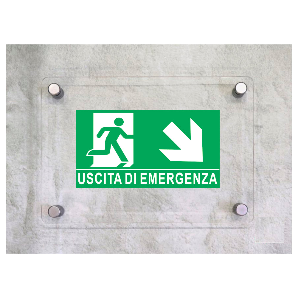 Global Targa Cartello in plexiglass UNI - USCITA DI EMERGENZA DISCESA DESTRA - Con Distanziali in acciaio inox, Stampa UV