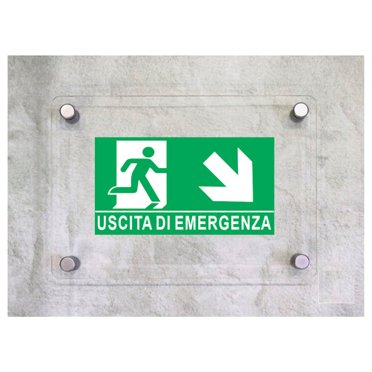 Global Targa Cartello in plexiglass UNI - USCITA DI EMERGENZA DISCESA DESTRA - Con Distanziali in acciaio inox, Stampa UV