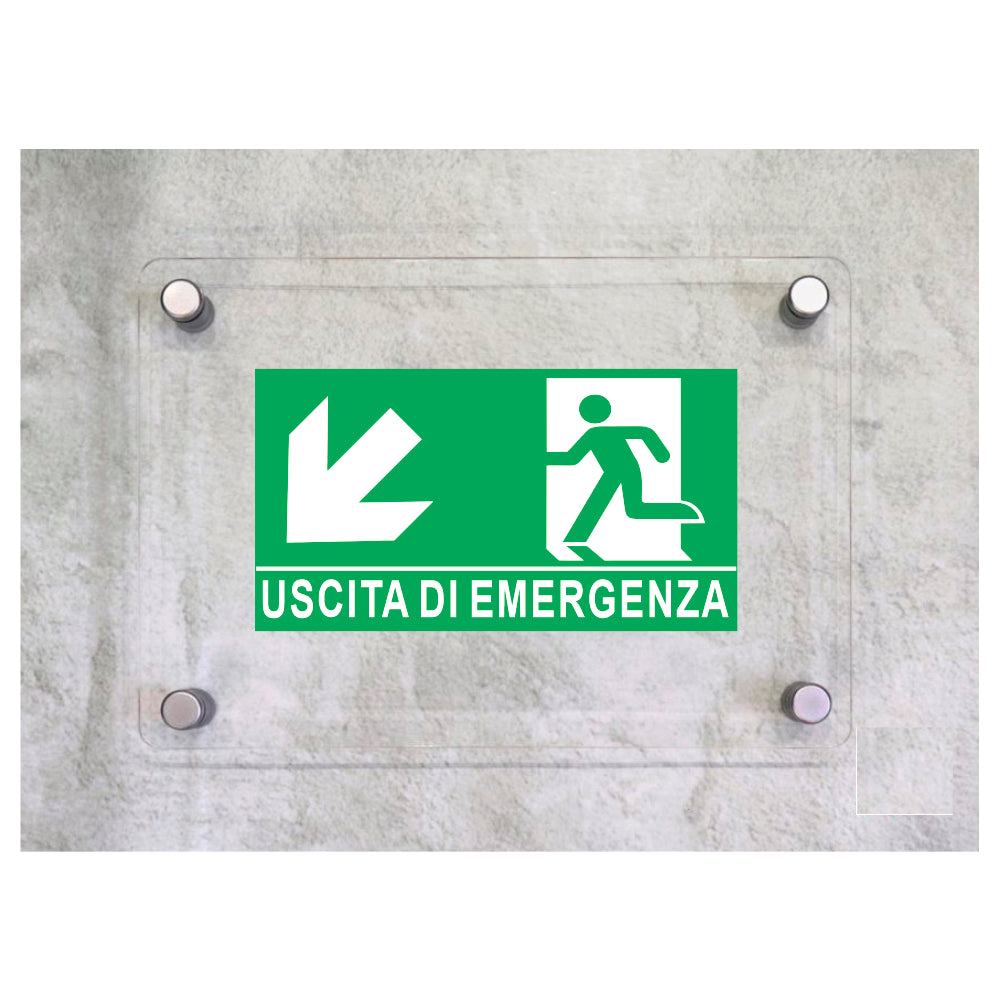Global Targa Cartello in plexiglass - USCITA DI EMERGENZA DISCESA SINISTRA - Con Distanziali in acciaio inox, Stampa UV.