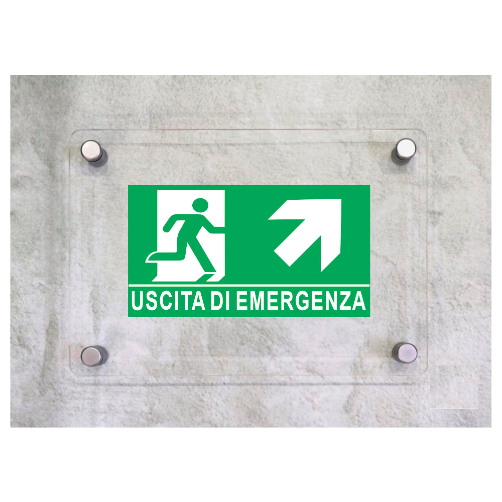 Global Targa Cartello in plexiglass - USCITA DI EMERGENZA SALITA DESTRA - Con Distanziali in acciaio inox, Stampa UV.