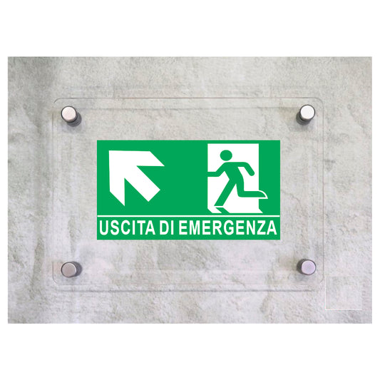 Global Targa Cartello in plexiglass - USCITA DI EMERGENZA SALITA SINISTRA - Con Distanziali in acciaio inox, Stampa UV.