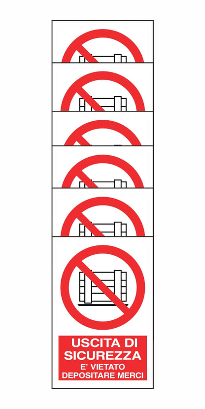 KIT DI 6 ADESIVI RETTANGOLARI - USCITA DI SICUREZZA E' VIETATO DEPOSITARE MERCI - Pittogramma ISO 7010 Con Stampa Diretta U.V. (IDEALE ANCHE PER ESTERNO)