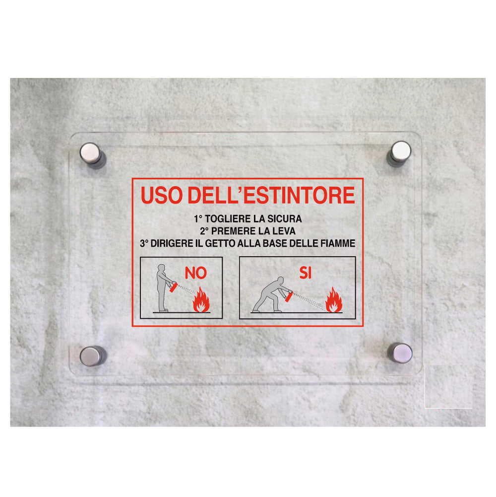 Global Targa Cartello in plexiglass - USO DELL'ESTINTORE - ISTRUZIONI - Con Distanziali in acciaio inox, Stampa UV.