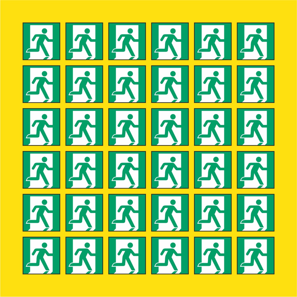 PACCO DA 6 KIT DI 6 ADESIVI QUADRATI - Uscita di emergenza (a destra) - Pittogramma ISO 7010 Con Stampa Diretta U.V.