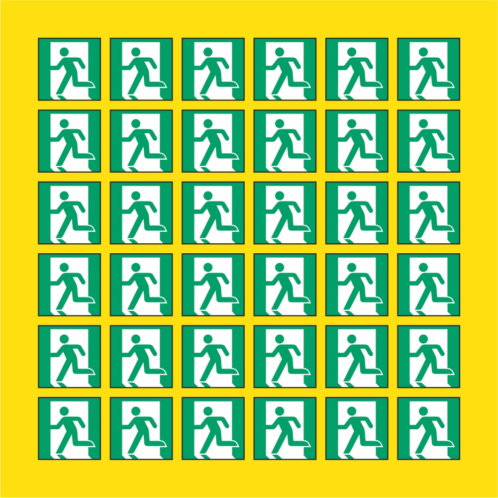 PACCO DA 6 KIT DI 6 ADESIVI QUADRATI - Uscita di emergenza (a sinistra) - Pittogramma ISO 7010 Con Stampa Diretta U.V.