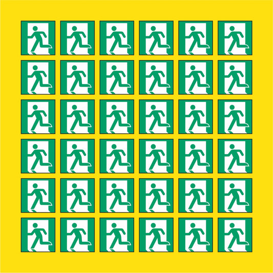 PACCO DA 6 KIT DI 6 ADESIVI QUADRATI - Uscita di emergenza (a sinistra) - Pittogramma ISO 7010 Con Stampa Diretta U.V.