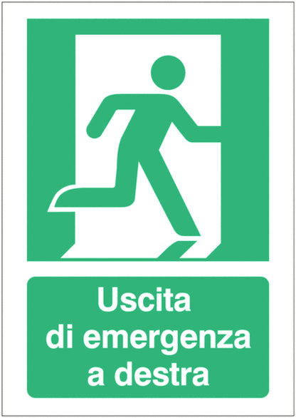 GLOBAL CARTELLO SEGNALETICO - Uscita di emergenza a destra - Adesivo Extra Resistente, Pannello in Forex, Pannello In Alluminio