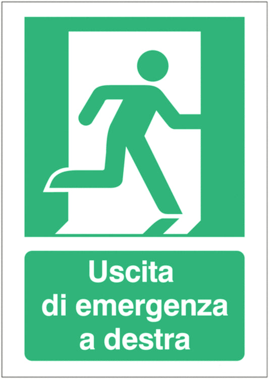 GLOBAL CARTELLO SEGNALETICO - Uscita di emergenza a destra - Adesivo Extra Resistente, Pannello in Forex, Pannello In Alluminio