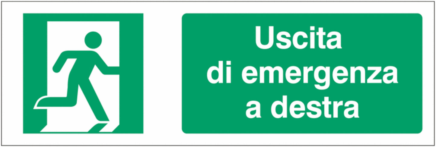GLOBAL CARTELLO SEGNALETICO UNI - Uscita di emergenza a destra 2 - Adesivo Extra Resistente, Pannello in Forex, Pannello In Alluminio
