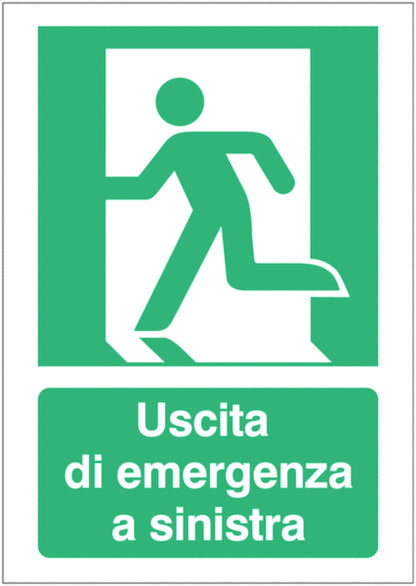 GLOBAL CARTELLO SEGNALETICO - Uscita di emergenza a sinistra - Adesivo Extra Resistente, Pannello in Forex, Pannello In Alluminio