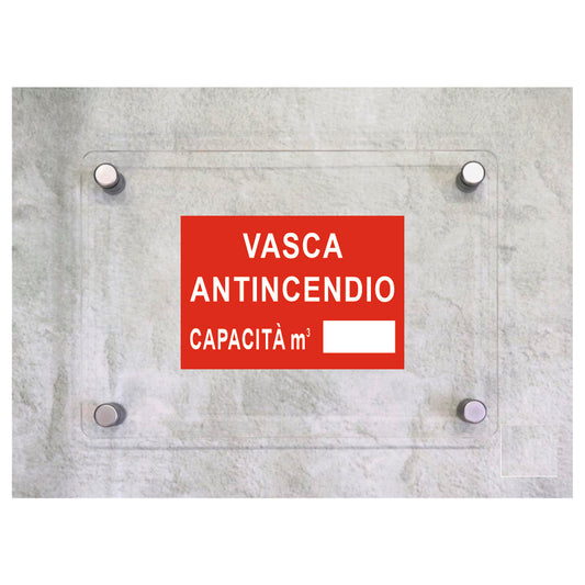 Global Targa Cartello in plexiglass - VASCA ANTINCENDIO CAPACITA' M3______ - Con Distanziali in acciaio inox, Stampa UV.