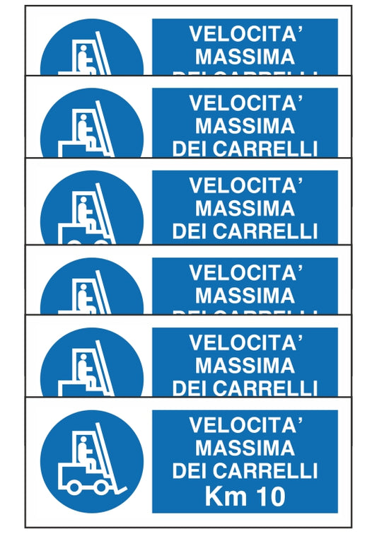 GLOBAL KIT DI 6 ADESIVI UNI - VELOCITA' MASSIMA DEI CARRELLI KM 10 - Pittogramma ISO 7010 Con Stampa Diretta U.V. (IDEALE ANCHE PER ESTERNO)