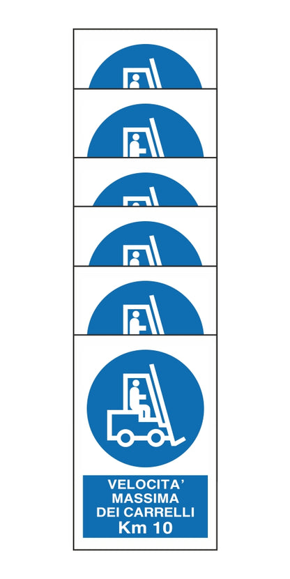 KIT DI 6 ADESIVI RETTANGOLARI - VELOCITA' MASSIMA DEI CARRELLI KM 10 - Pittogramma ISO 7010 Con Stampa Diretta U.V. (IDEALE ANCHE PER ESTERNO)