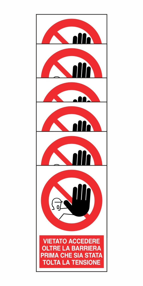 KIT DI 6 ADESIVI RETTANGOLARI - VIETATO ACCEDERE OLTRE LA BARRIERA PRIMA CHE SIA STATA TOLTA LA TENSIONE - Pittogramma ISO 7010 Con Stampa Diretta U.V. (IDEALE ANCHE PER ESTERNO)